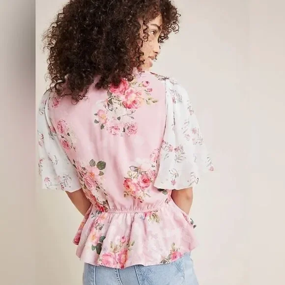 HEMANT & NANDITA Pink Puff Sleeve Peplum Blouse - Picture 2 of 6